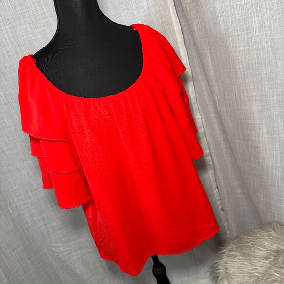 Chenault Vibrant Red Off-Shoulder Ruffle Sleeve Blouse - Boho Chic - Size L - Picture 6 of 6